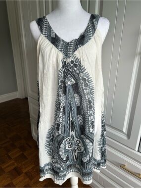 Boho Cream and Charcoal Printed Sleeveless Bathing Suit Coverup